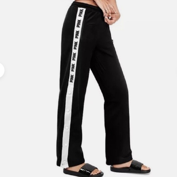 NWOT*** Victoria's Secret PINK Open Leg Snap Button Black Track Pant SIZE SMALL - Picture 1 of 7